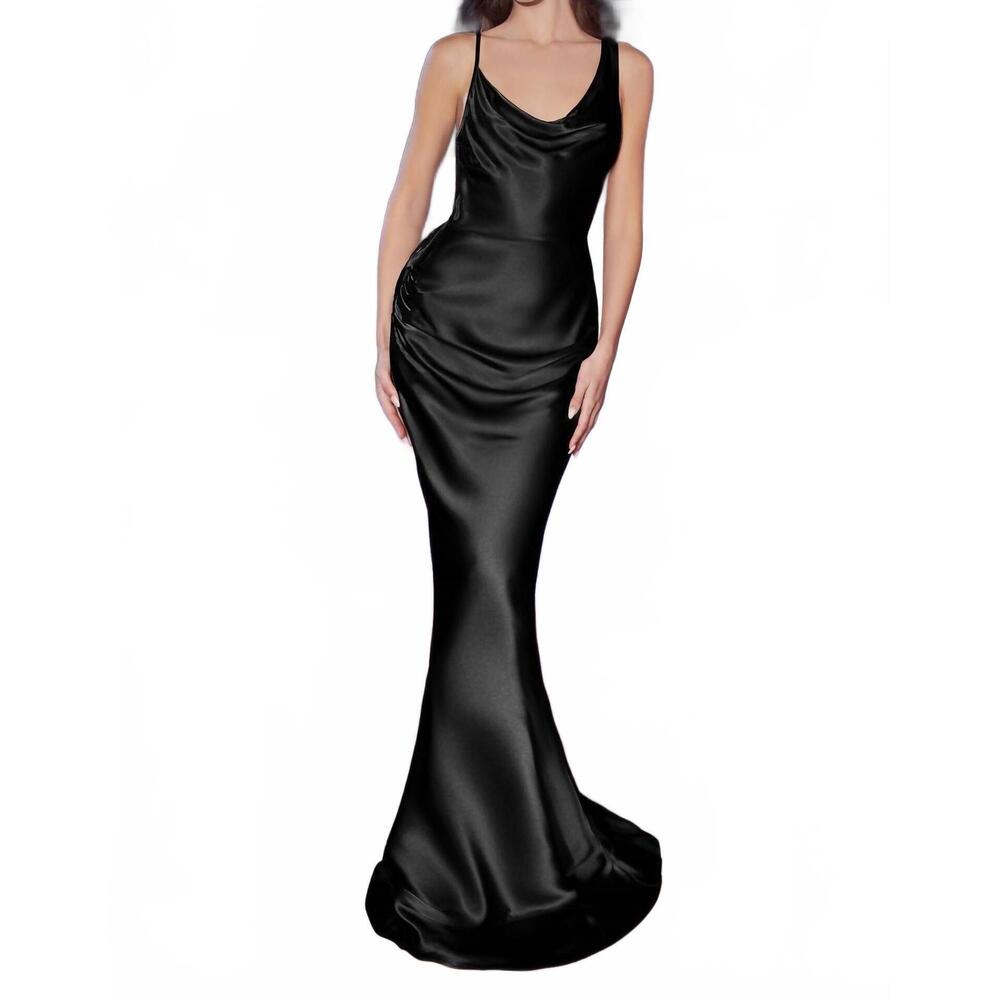 NEW CINDERELLA DIVINE long satin draped cowl neck evening gown in black